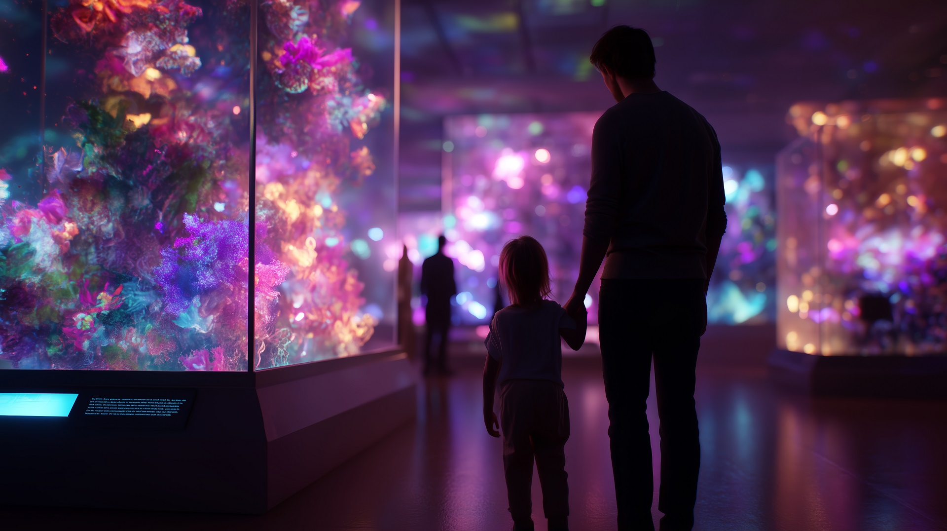 Family explores colorful art installation at a modern museum during evening hours A parent and child walk hand-in-hand through a modern museum, marveling at vibrant art installations illuminated in various hues. The atmosphere is enchanting with reflective surfaces.